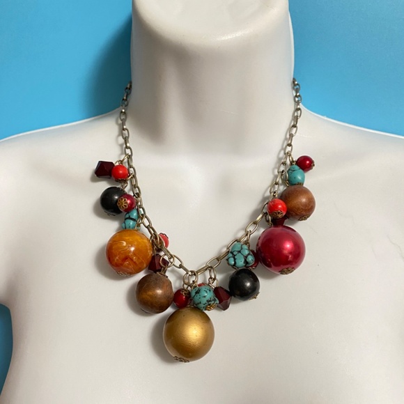 Boho Necklace Acrylic & Wood Beads Silver Tone - Picture 5 of 6